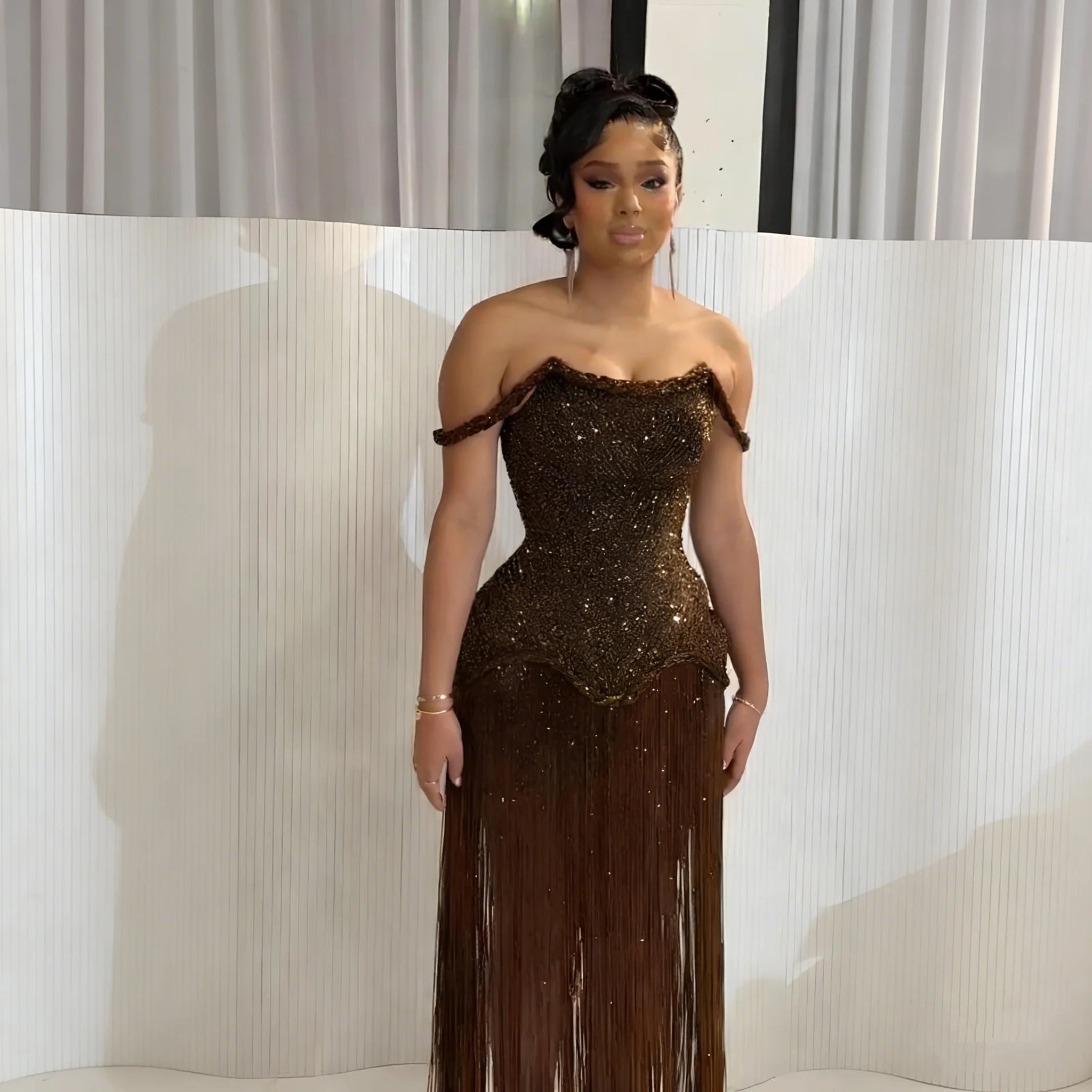 Brown Tassel Evening Dress African Woman Sexy Off-Shoulder Beaded Bustier Prom Gown Elegant Floor-Length Party Dress Customized